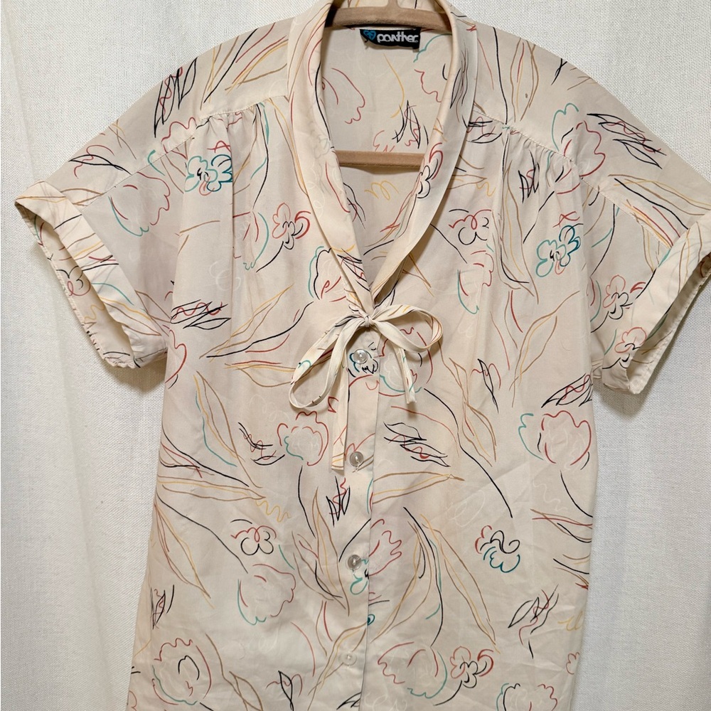 1970s Cream Tie Front Blouse Small Medium